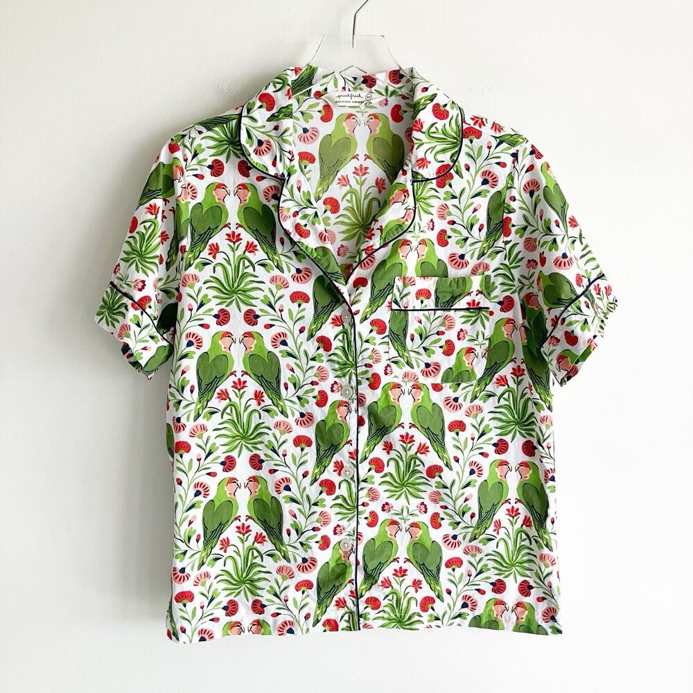 Printfresh XS Pajama Top Parrot Floral Print Green Red PJ Shirt Green Red